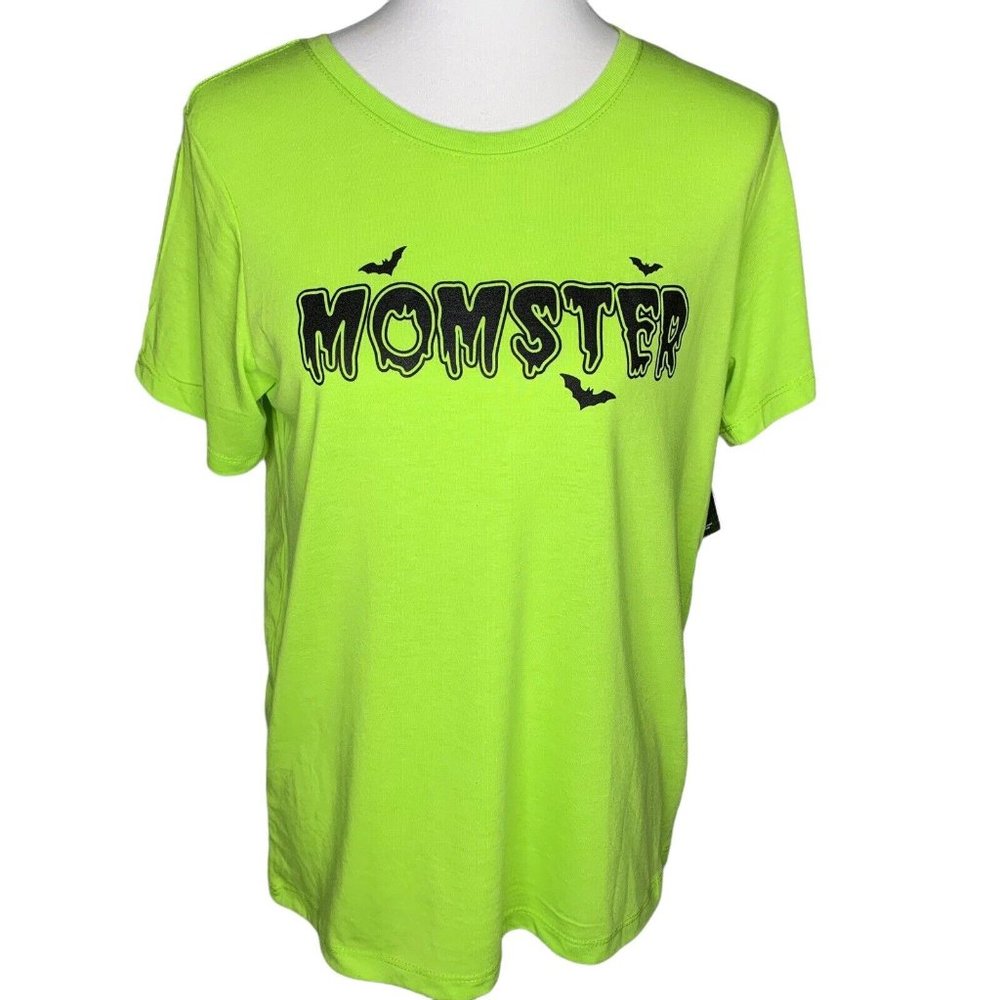 Way To Celebrate Halloween Momster T Shirt XXL or XXXL Green with Black Bats